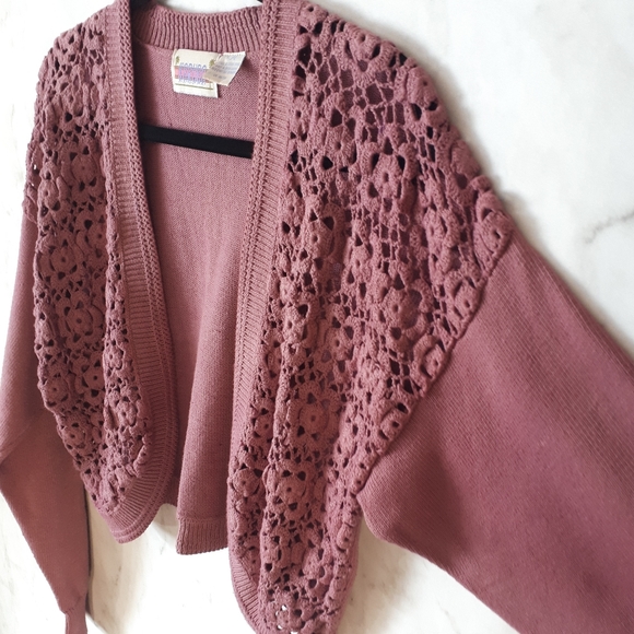 Vintage Sweaters - Karuba Crochet Front Top Long Sleeve Crop Cardigan